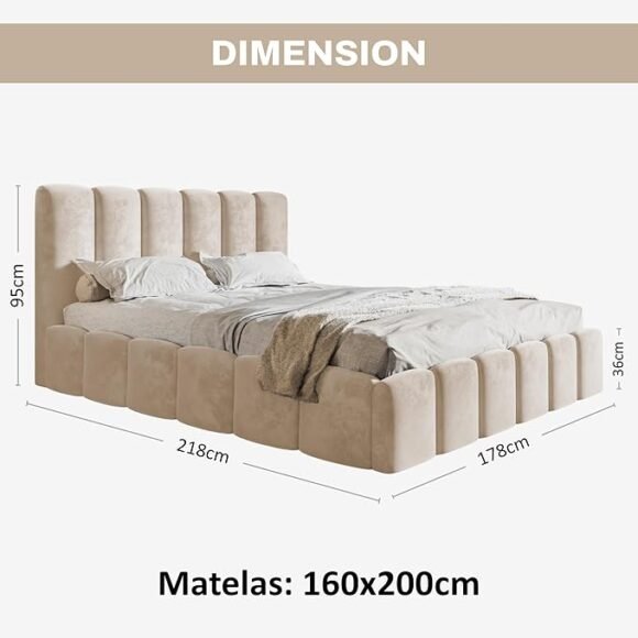 Nunu bubble Gestoffeerd bed 160 x 200 cm met opbergruimte, bed met lattenbodem zonder matras, hoofdeinde 160 cm, suède bed, bubbelbed, tweepersoonsbed, bed met lade, beige crème - Afbeelding 3