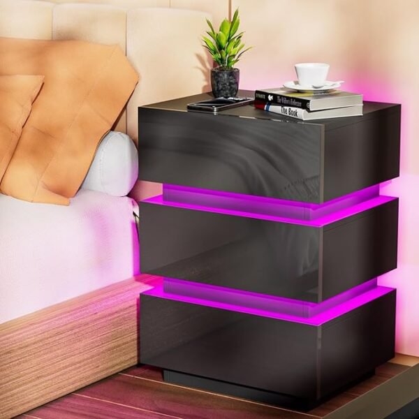 Led-nachtkastje, nachtkastje met laadstation, 16 kleuren, led, verstelbaar, bedlampje met 3 laden, 2 USB-poorten, bijzettafel voor slaapkamer, woonkamer (zwart, 45 x 35 x 61 cm)
