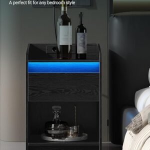 Nachtkastje met ledlicht, bijzettafel met laadstation, 1 opberglade, nachtkastje voor slaapkamer, woonkamer, 2 USB-poorten, zwart