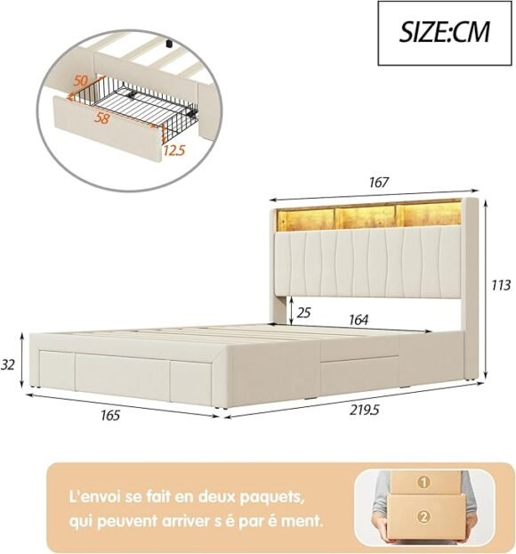 Ruimte X Bed 160 x 200 cm, met led-lattenbodem verborgen ruimte met smartlock en USB, tweepersoonsbed met 4 laden, hoofdeinde met opslag, fluweel, voor volwassenen en jongeren, beige (160 x 200 cm B) - Afbeelding 7