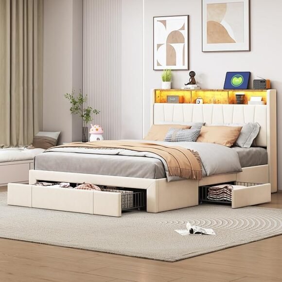 Ruimte X Bed 160 x 200 cm, met led-lattenbodem verborgen ruimte met smartlock en USB, tweepersoonsbed met 4 laden, hoofdeinde met opslag, fluweel, voor volwassenen en jongeren, beige (160 x 200 cm B) - Afbeelding 6