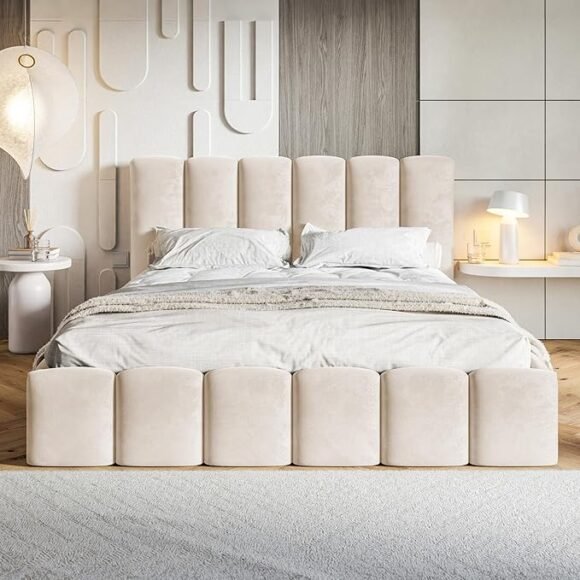 Nunu bubble Gestoffeerd bed 160 x 200 cm met opbergruimte, bed met lattenbodem zonder matras, hoofdeinde 160 cm, suède bed, bubbelbed, tweepersoonsbed, bed met lade, beige crème - Afbeelding 4