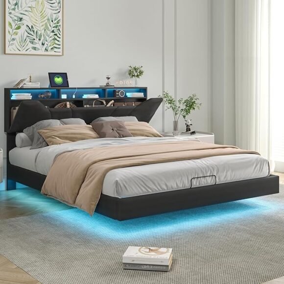 RuimteX bed van 160 x 200 met verborgen ruimte en smartlock - led-lattenbodem en USB, gestoffeerd bed met opbergruimte, bedframe met gestoffeerd hoofdeinde, led-tweepersoonsbed voor volwassenen, - Afbeelding 2