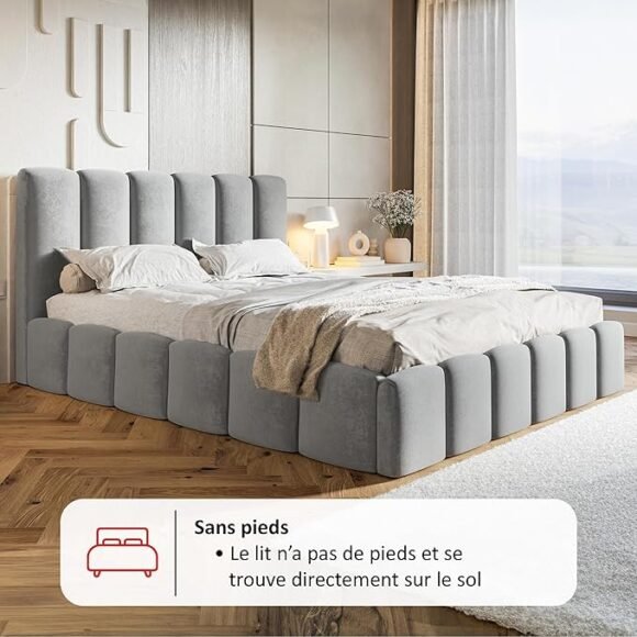 Nunu bubble Gestoffeerd bed 160 x 200 cm met opbergruimte, bed met lattenbodem zonder matras, hoofdeinde 160 cm, suède bed, bubbelbed, tweepersoonsbed, bed met lade, beige crème - Afbeelding 7