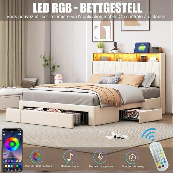 Ruimte X Bed 160 x 200 cm, met led-lattenbodem verborgen ruimte met smartlock en USB, tweepersoonsbed met 4 laden, hoofdeinde met opslag, fluweel, voor volwassenen en jongeren, beige (160 x 200 cm B) - Afbeelding 4