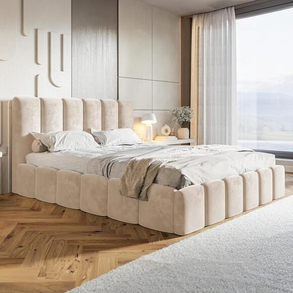 Nunu bubble Gestoffeerd bed 160 x 200 cm met opbergruimte, bed met lattenbodem zonder matras, hoofdeinde 160 cm, suède bed, bubbelbed, tweepersoonsbed, bed met lade, beige crème