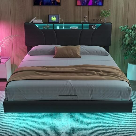 RuimteX bed van 160 x 200 met verborgen ruimte en smartlock - led-lattenbodem en USB, gestoffeerd bed met opbergruimte, bedframe met gestoffeerd hoofdeinde, led-tweepersoonsbed voor volwassenen,