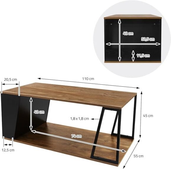 Salontafel, 110 x 55 x 45 cm, bruin van eiken, rustiek, houten tafel met stalen frame en 2 planken - Afbeelding 2