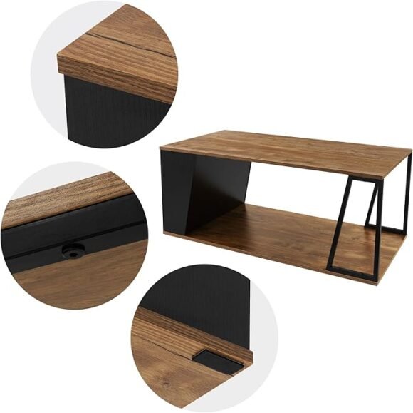 Salontafel, 110 x 55 x 45 cm, bruin van eiken, rustiek, houten tafel met stalen frame en 2 planken - Afbeelding 3