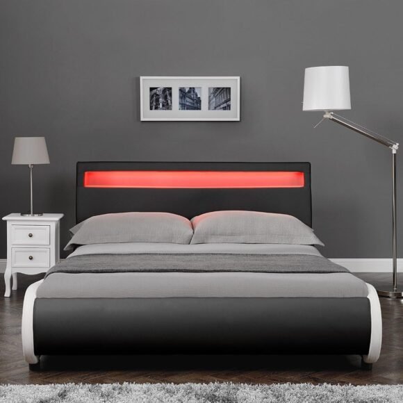 RuimteX Gestoffeerd bed Valencia met LED-verlichting / Modern bed / pull-up leer / met lattenbodem van hout - Afbeelding 2