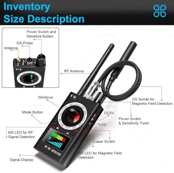 Professionele  Anti-spion Bug Detector, Draadloze RF Detector voor Verborgen Camera, GSM Luisteren Device Finder Radar Radio Scanner Draadloos Signaal Alarm, Verbeterde versie - Afbeelding 7