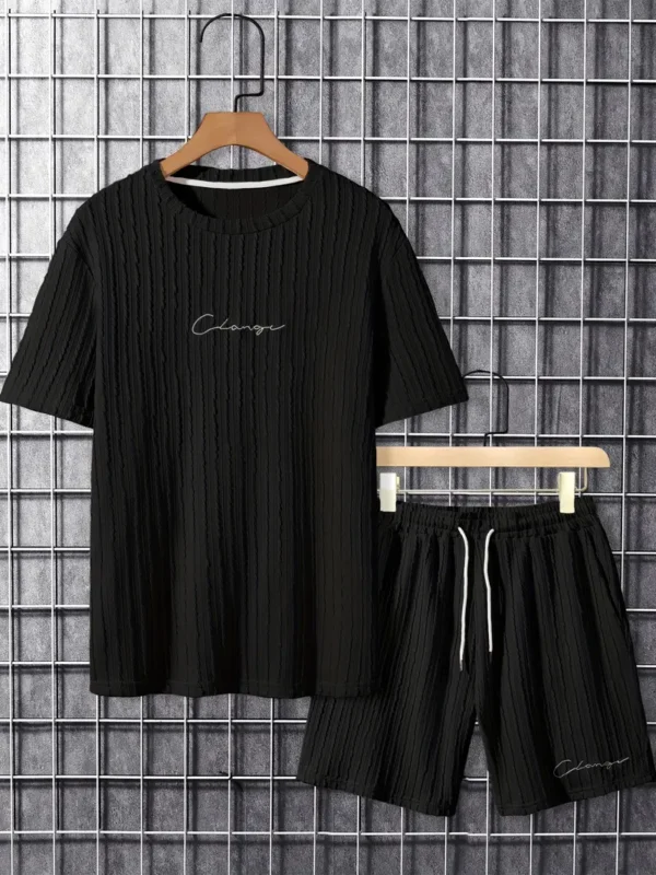 Casual polyester heren set T-shirt met ronde hals en broek, geborduurde letters, licht elastisch gebreid, reguliere pasvorm - Afbeelding 4