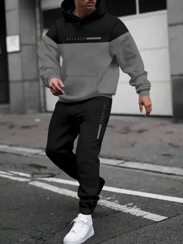 Casual Polyester Sweatsuit Set - Lange Mouw Hooded Top met Letter Print & Patchwork Design, Reguliere paszakbroek met trekkoord, Gebreide stof, Lichte rek