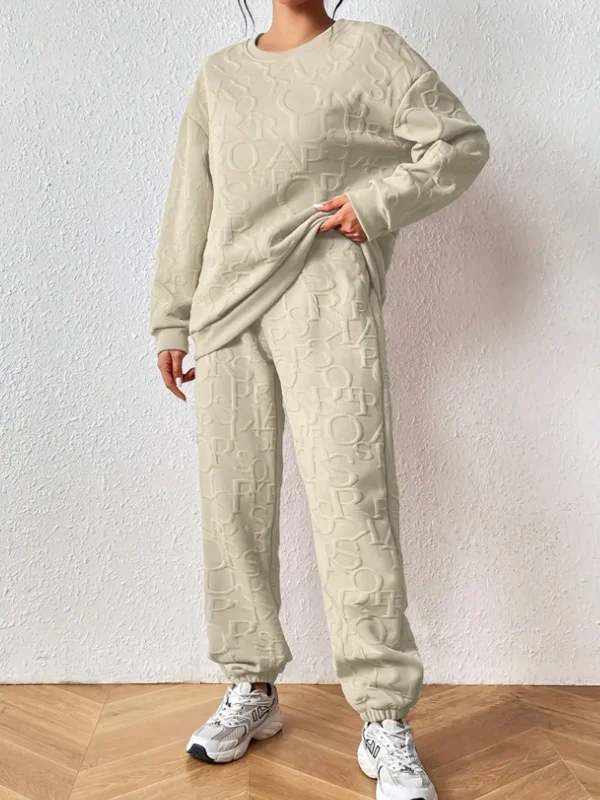 Getextureerde Casual Effen Twee Delige Set, Ronde Hals Lange Mouw Sweatshirt & Getailleerde Bodem Broek Outfits, Dameskleding - Afbeelding 3