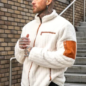 Fleecejack - Casual Crèmekleurig met Rits en Oranje Accenten, Opstaande Kraag, Machinewasbaar, Polyester