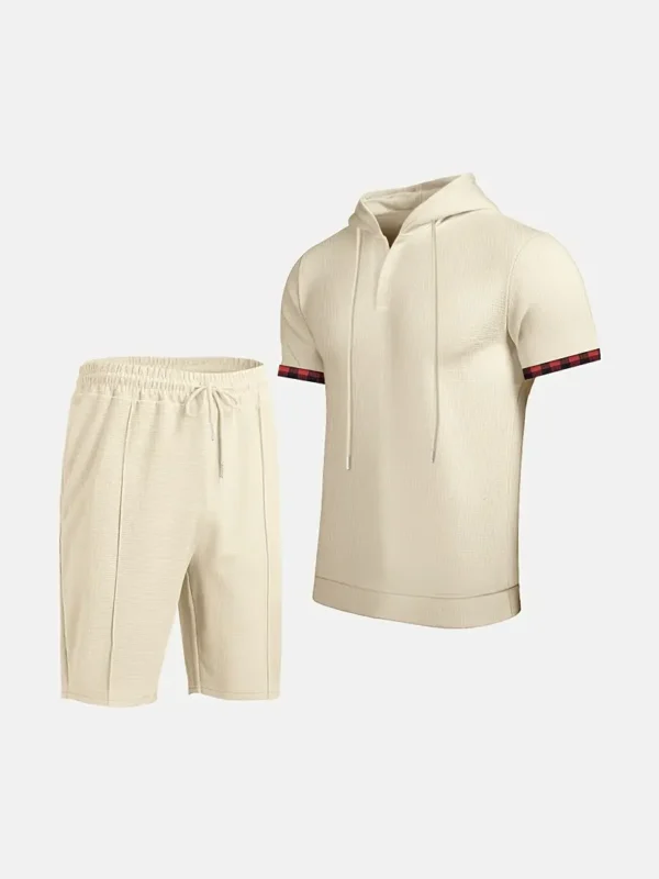 Zomer Heren Casual Sportieve 2-delig Set Sportmode met Capuchon en V-hals Korte Mouwen + Veelzijdige Effen Kleur Shorts, Trendy en Vooruitstrevend Geschikt voor Casual Sport