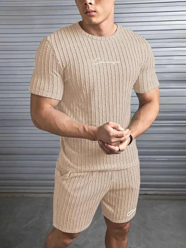Casual polyester heren set T-shirt met ronde hals en broek, geborduurde letters, licht elastisch gebreid, reguliere pasvorm - Afbeelding 2