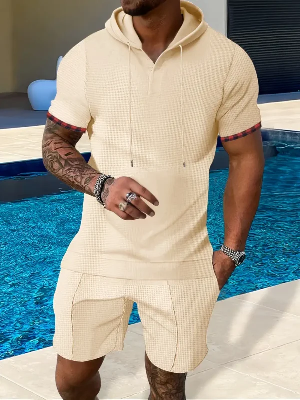 Zomer Heren Casual Sportieve 2-delig Set Sportmode met Capuchon en V-hals Korte Mouwen + Veelzijdige Effen Kleur Shorts, Trendy en Vooruitstrevend Geschikt voor Casual Sport