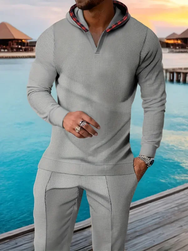 Herenset van 2 stuks: Beige, zwart, wit , grijs, blauw getextureerde hoodie met comfortbroek - Afbeelding 4