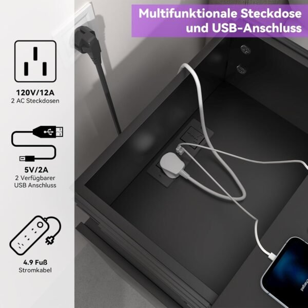 Nachtkastje BlackMirror met LED-verlichting, laadstation, verborgen ruimte met lade systeem en smartlock - Afbeelding 7