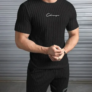 Casual polyester heren T-shirt met ronde hals, geborduurde letters, licht elastisch gebreid, reguliere pasvorm, voor de lente