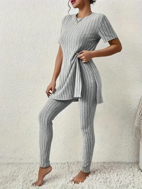 Gestreepte Trui van Polyester, Casual Crew Neck Korte Mouw Top met Split Detail en High-Waisted Lange Broek, voor Volwassenen, Lente/Herfst Cozy Pullover Lounge Set - Afbeelding 2