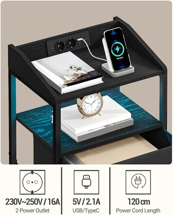 Ruimte X Nachtkastjes, set van 2, met ledverlichting en laadstation, moderne bijzettafel met USB-poorten en stopcontacten, nachtkastjes voor slaapkamer, woonkamer, zwart