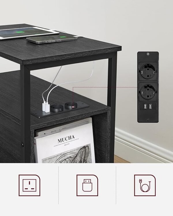 Bijzettafel, nachtkastje met stekkerdoos, 2 laden, banktafel, voor woonkamer, slaapkamer, antracietgrijs/klassiek zwart - Afbeelding 3