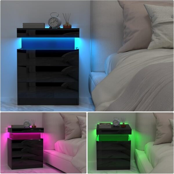 Nachtkastje BlackMirror met LED-verlichting, laadstation, verborgen ruimte met lade systeem en smartlock - Afbeelding 6