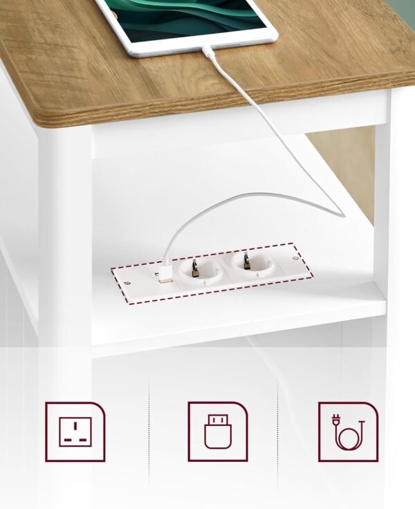 Smalle bijzettafel met stekkerdoos, 2 laden, salontafel voor kleine ruimtes, maritieme stijl, walnootbruin en wit - Afbeelding 4