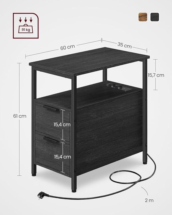 Bijzettafel, nachtkastje met stekkerdoos, 2 laden, banktafel, voor woonkamer, slaapkamer, antracietgrijs/klassiek zwart - Afbeelding 7