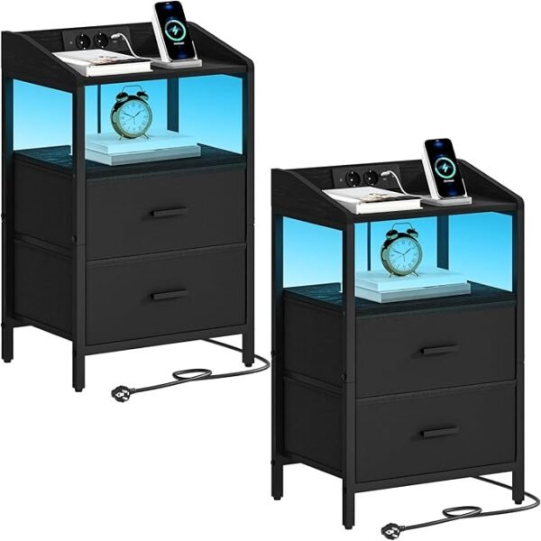 Ruimte X Nachtkastjes, set van 2, met ledverlichting en laadstation, moderne bijzettafel met USB-poorten en stopcontacten, nachtkastjes voor slaapkamer, woonkamer, zwart
