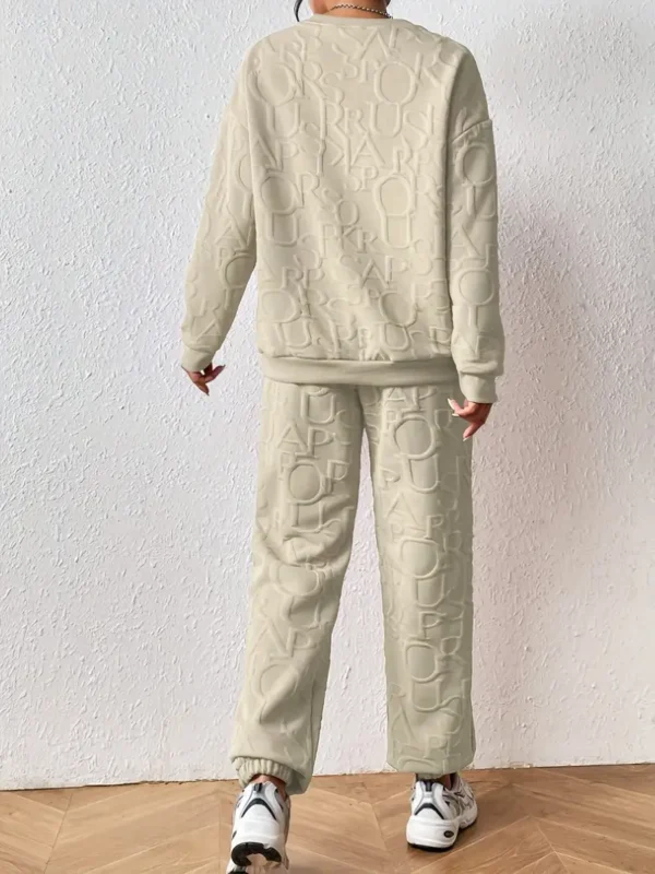 Getextureerde Casual Effen Twee Delige Set, Ronde Hals Lange Mouw Sweatshirt & Getailleerde Bodem Broek Outfits, Dameskleding - Afbeelding 4