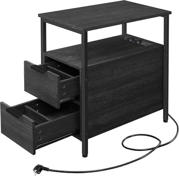 Bijzettafel, nachtkastje met stekkerdoos, 2 laden, banktafel, voor woonkamer, slaapkamer, antracietgrijs/klassiek zwart - Afbeelding 2