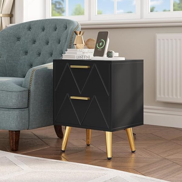Nachtkastje met 2 laden, 2 USB-poorten en stopcontacten, goudkleurige metalen poten en handgrepen, bijzettafel met opbergruimte voor woonkamer, slaapkamer, 40 x 30 x 52 c