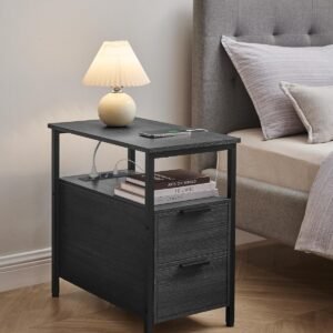 Bijzettafel, nachtkastje met stekkerdoos, 2 laden, banktafel, voor woonkamer, slaapkamer, antracietgrijs/klassiek zwart