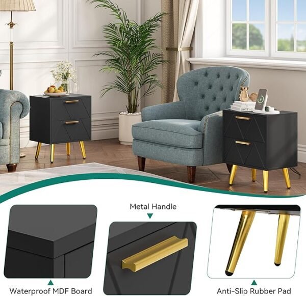 Nachtkastje met 2 laden, 2 USB-poorten en stopcontacten, goudkleurige metalen poten en handgrepen, bijzettafel met opbergruimte voor woonkamer, slaapkamer, 40 x 30 x 52 c