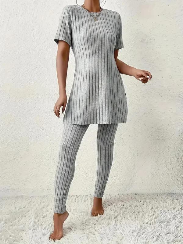 Gestreepte Trui van Polyester, Casual Crew Neck Korte Mouw Top met Split Detail en High-Waisted Lange Broek, voor Volwassenen, Lente/Herfst Cozy Pullover Lounge Set - Afbeelding 4