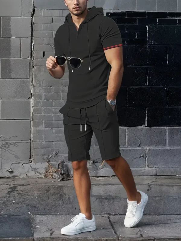 Zomer Heren Casual Sportieve 2-delig Set Sportmode met Capuchon en V-hals Korte Mouwen + Veelzijdige Effen Kleur Shorts, Trendy en Vooruitstrevend Geschikt voor Casual Sport