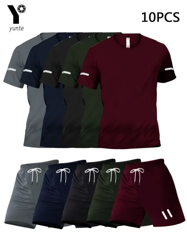 5-kleuren en 5-set van 10 stuks bedrukt ontwerp Heren casual sportpak, sneldrogend ademend heren korte mouw ronde hals T-shirt met elastische taille shorts met zakken, geschikt voor lente/zomer/herfst sportactiviteiten fitness training