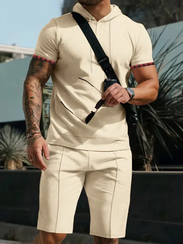 Zomer Heren Casual Sportieve 2-delig Set Sportmode met Capuchon en V-hals Korte Mouwen + Veelzijdige Effen Kleur Shorts, Trendy en Vooruitstrevend Geschikt voor Casual Sport