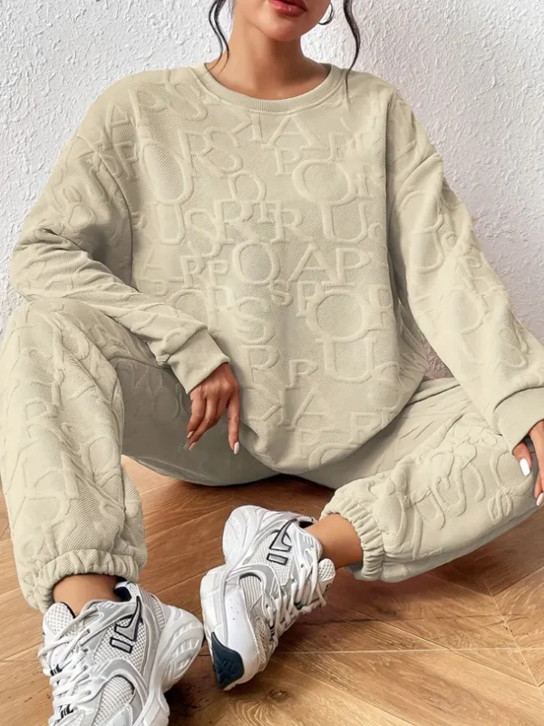 Getextureerde Casual Effen Twee Delige Set, Ronde Hals Lange Mouw Sweatshirt & Getailleerde Bodem Broek Outfits, Dameskleding