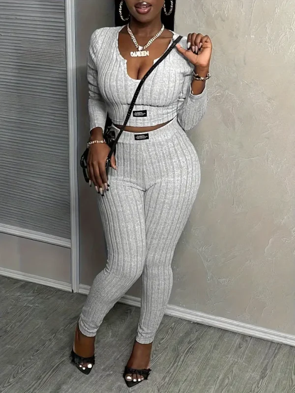 Chique 2025 Streetwear Set voor Vrouwen: Slim-Fit Lange Mouwen V-Hals Top & Hoge Taille Broek - Casual, Machinewasbaar, Polyester Gebreide Outfit in Zwart en grijs - Afbeelding 8