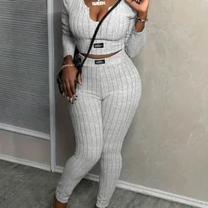 Chique 2025 Streetwear Set voor Vrouwen: Slim-Fit Lange Mouwen V-Hals Top & Hoge Taille Broek - Casual, Machinewasbaar, Polyester Gebreide Outfit
