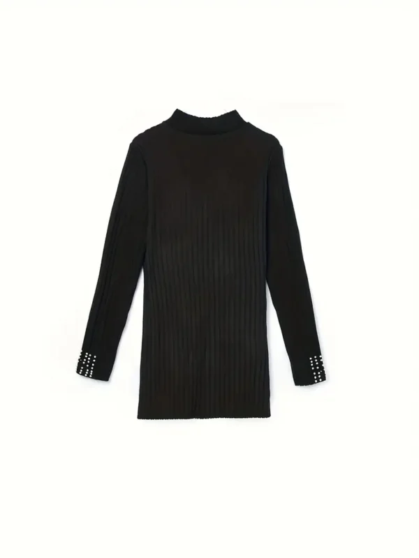 1 Set Casual Polyester Outfit - Effen Kleur Ronde Hals Lange Mouw Top met Zijsplit en Bijpassende Broek, Gebreide Stof, All-Season Draagbaar - Afbeelding 3
