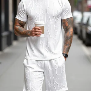 Herenmode Set met Letterpatroon, Ronde Hals Korte Mouwen T-shirt + Shorts