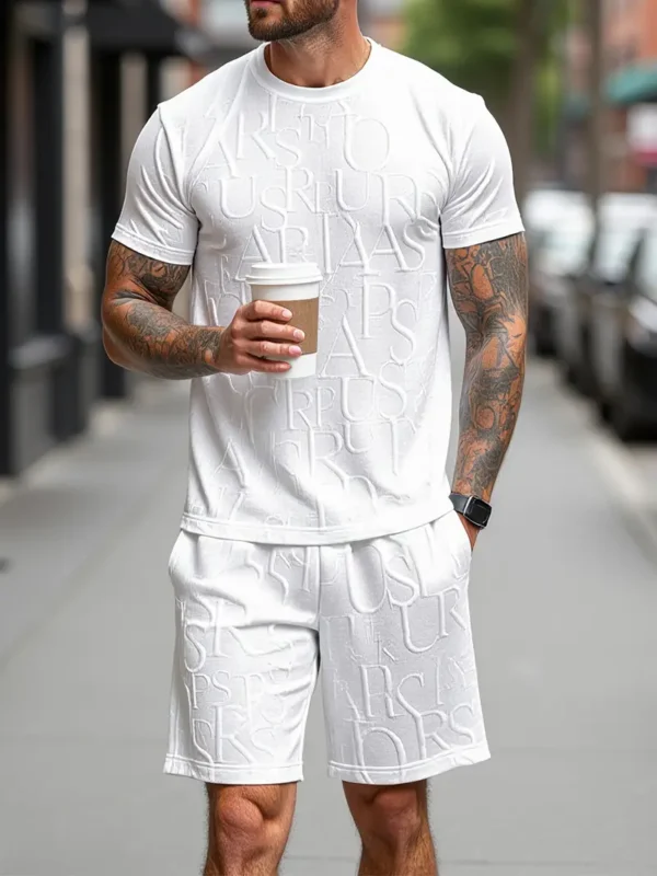 Herenmode Set met Letterpatroon, Ronde Hals Korte Mouwen T-shirt + Shorts