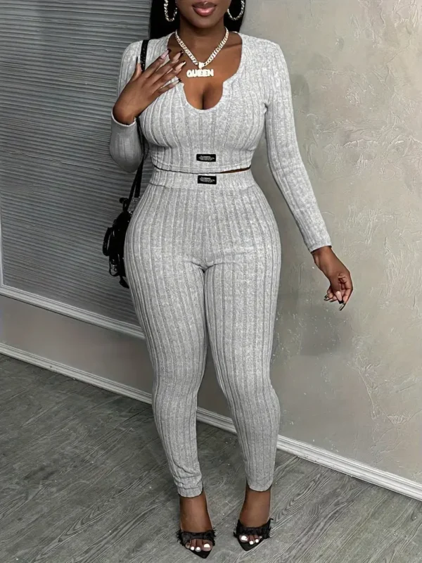 Chique 2025 Streetwear Set voor Vrouwen: Slim-Fit Lange Mouwen V-Hals Top & Hoge Taille Broek - Casual, Machinewasbaar, Polyester Gebreide Outfit in Zwart en grijs - Afbeelding 6