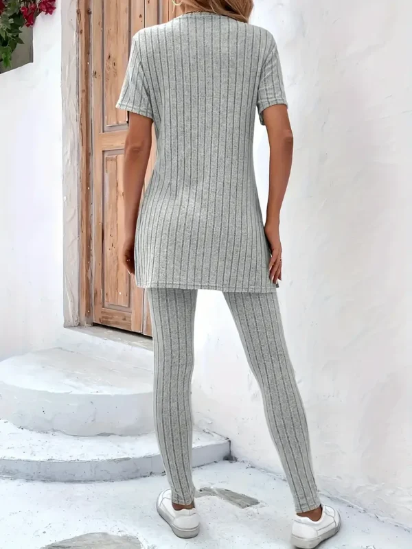 Gestreepte Trui van Polyester, Casual Crew Neck Korte Mouw Top met Split Detail en High-Waisted Lange Broek, voor Volwassenen, Lente/Herfst Cozy Pullover Lounge Set - Afbeelding 5