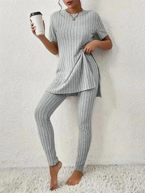 Gestreepte Trui van Polyester, Casual Crew Neck Korte Mouw Top met Split Detail en High-Waisted Lange Broek, voor Volwassenen, Lente/Herfst Cozy Pullover Lounge Set